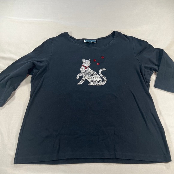 Cat Lover's Blig Sweater Black with Silver Cat Red Hearts Plus Size 2X - Picture 3 of 7